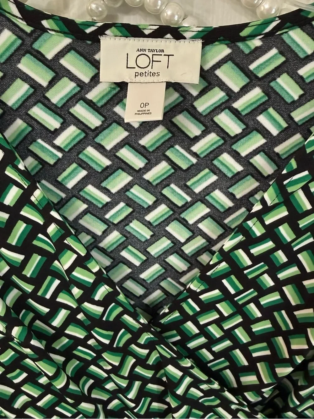 LOFT Black and Green Geometric Wrap-Style Dress